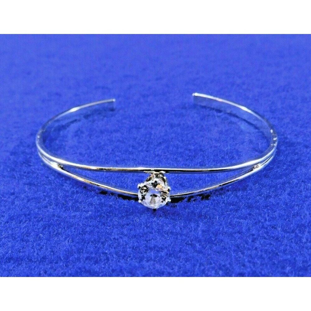 Open Cuff Bracelet / Bangle - Single Large Round Cut Swarovski Crystal - Silver